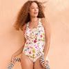 Lands’ End Women’s Chlorine Resistant Scoop Neck X-Back High Leg Soft Cup Tugless Sporty One Piece Swimsuit(White Multi Garden Floral)