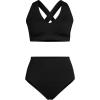 Lands’ End Women’s Chlorine Resistant V-Neck Midkini Swimsuit Top and High Leg High Waisted Bottoms 2 Piece Set(Black)