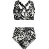 Lands’ End Women’s Chlorine Resistant V-Neck Midkini Swimsuit Top and High Leg High Waisted Bottoms 2 Piece Set(Black/Egret White Leaf Scroll)