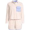 Lands’ End Women’s Cotton Poplin 2 Piece Pajama Set – Long Sleeve Top and Shorts with Piping(Pink/Champagne Check)