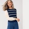 Lands’ End Women’s Drifter Shaker Button Shoulder Sweater Vest with Poplin Sleeves(Deep Sea Navy/Champagne Stripe)