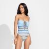 Lands’ End Women’s Ruched Multi-Way V-Neck Halter High Leg One Piece Swimsuit(White Mosaic Multi Stripe)