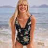 Lands’ End Women’s SlenderSuit Grecian Tummy Control Chlorine Resistant One Piece Swimsuit(Black Plumeria Floral)