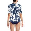 Lands’ End Women’s Sunshade UPF 50 Elbow Sleeve Relaxed Rash Guard(White/Navy Lilies Placement)