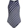 Lands’ End Women’s Tugless High Neck Portrait Back One Piece Swimsuit(Navy/White Variegated Stripe)