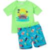 Lands’ End Boys Chlorine Resistant Short Sleeve UPF 50 Rash Guard Swim Trunk Set(Neon Green Sharks)