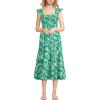 Lands’ End Women’s Chambray Smocked Dress with Ruffle Straps(Vibrant Clover Romantic Floral)