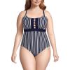 Lands’ End Women’s Chlorine Resistant Lace Up One Piece Swimsuit(Deep Sea/White Media Stripe)