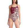 Lands’ End Women’s Chlorine Resistant Scoop Neck High Leg Tugless Tank Thin Strap One Piece Swimsuit Adjustable(Burgundy Tropic Scenic Stripe)