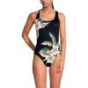 Lands’ End Women’s Chlorine Resistant Scoop Neck X-Back High Leg Soft Cup Tugless Sporty One Piece Swimsuit(Black Plumeria Placement)
