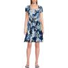 Lands’ End Women’s Cotton Modal Smocked Waist Dress(Deep Sea Navy Lilies)