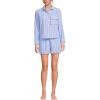 Lands’ End Women’s Cotton Poplin 2 Piece Pajama Set – Long Sleeve Top and Shorts with Piping(Brisk Blue/Rose Pink Stripe)