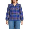 Lands’ End Women’s Ruffle Front Flannel Popover Blouse(Cobalt Blue/Bright Grape Plaid)