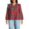 Lands’ End Women’s Ruffle Front Flannel Popover Blouse(Red/Nautical Blue Plaid)