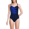 Lands’ End Women’s Slender Suit V-Neck Pleated X-Back One Piece Swimsuit Adjustable Straps(Electric Blue/Deep Sea Navy)