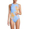 Lands’ End Women’s Tugless High Neck Portrait Back One Piece Swimsuit(Blue Elegant Floral Placement)