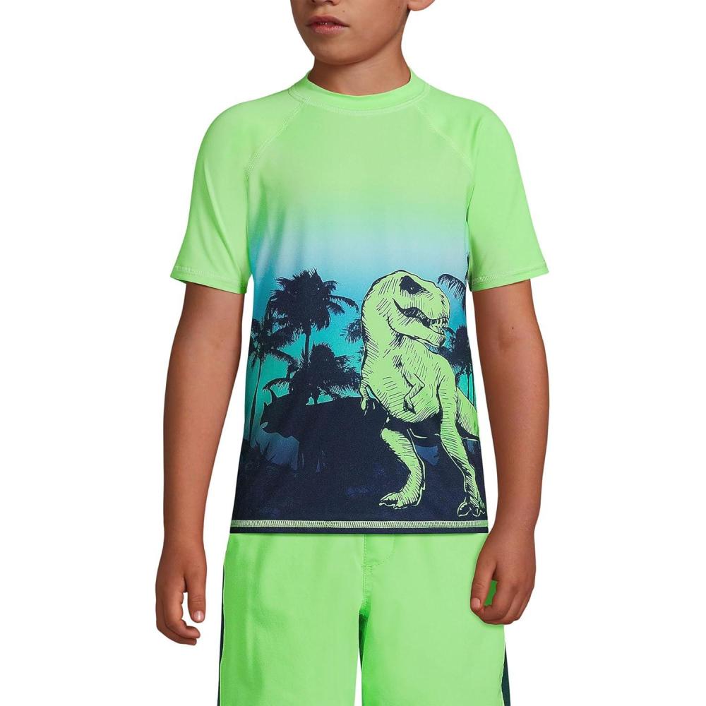 imageLands End Boys UPF 50 Short Sleeve Swim Shirt Rash GuardNavy Sunset Dinosaur