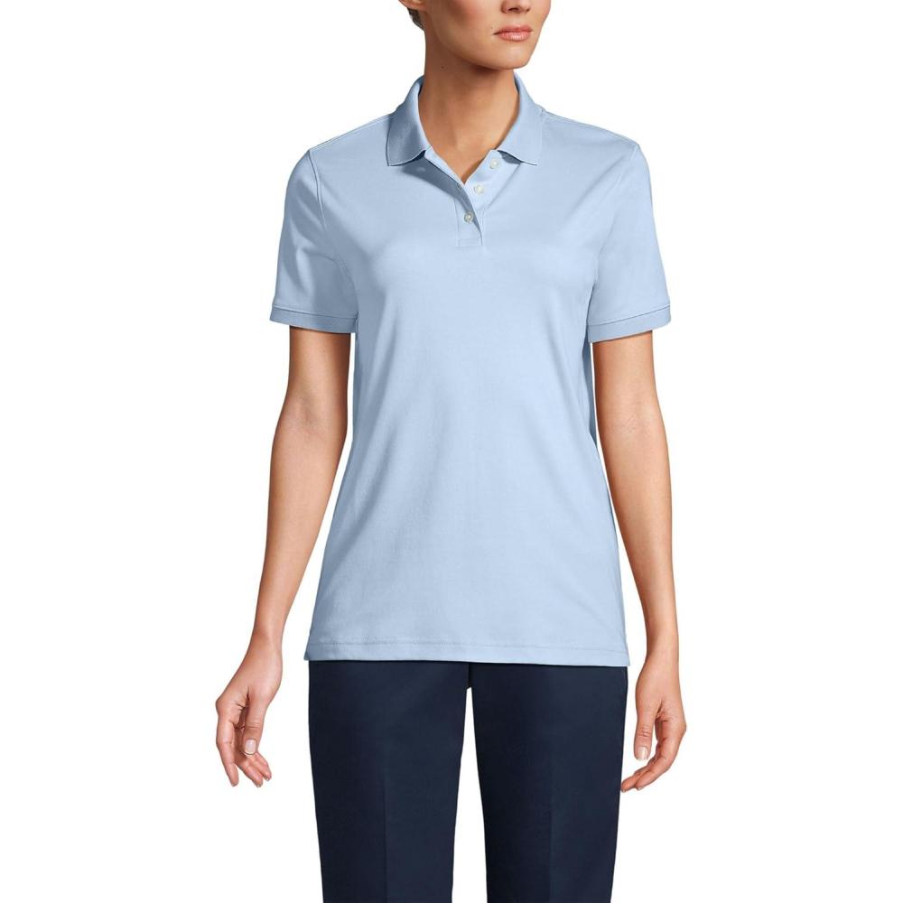 imageLands End Essentials Womens Short Sleeve All Day Comfort Polo Shirt 100 Cotton Wont Shrink Pill FadeBlue
