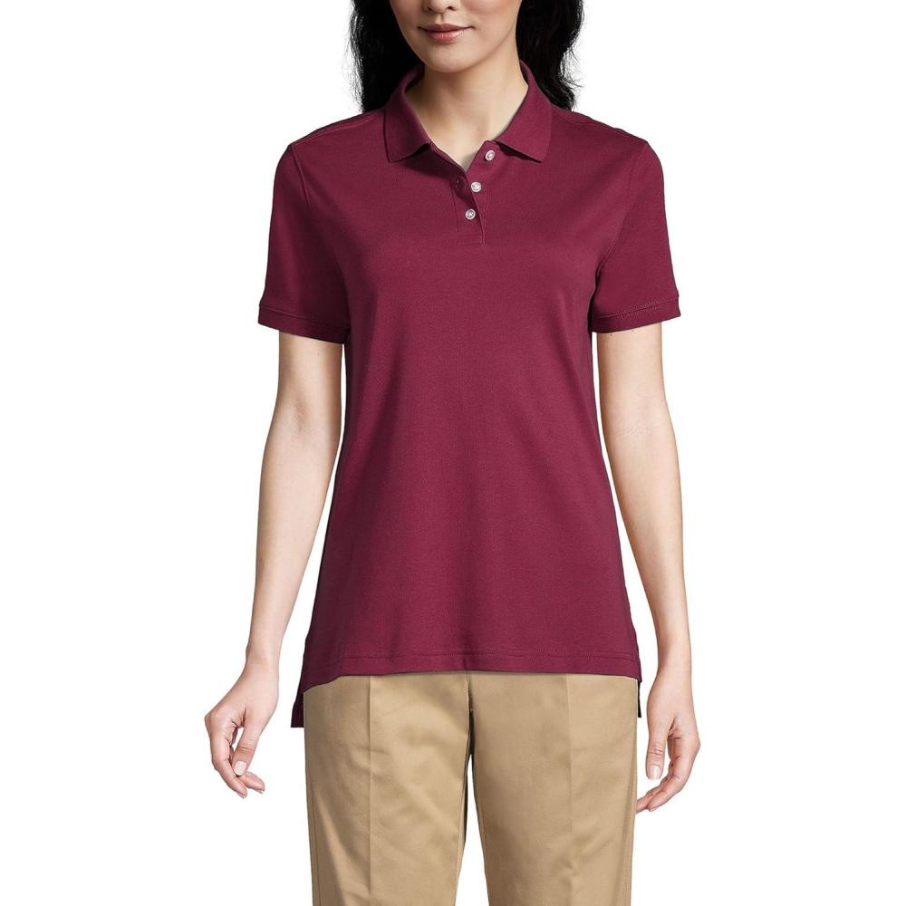 imageLands End Essentials Womens Short Sleeve All Day Comfort Polo Shirt 100 Cotton Wont Shrink Pill FadeBurgundy