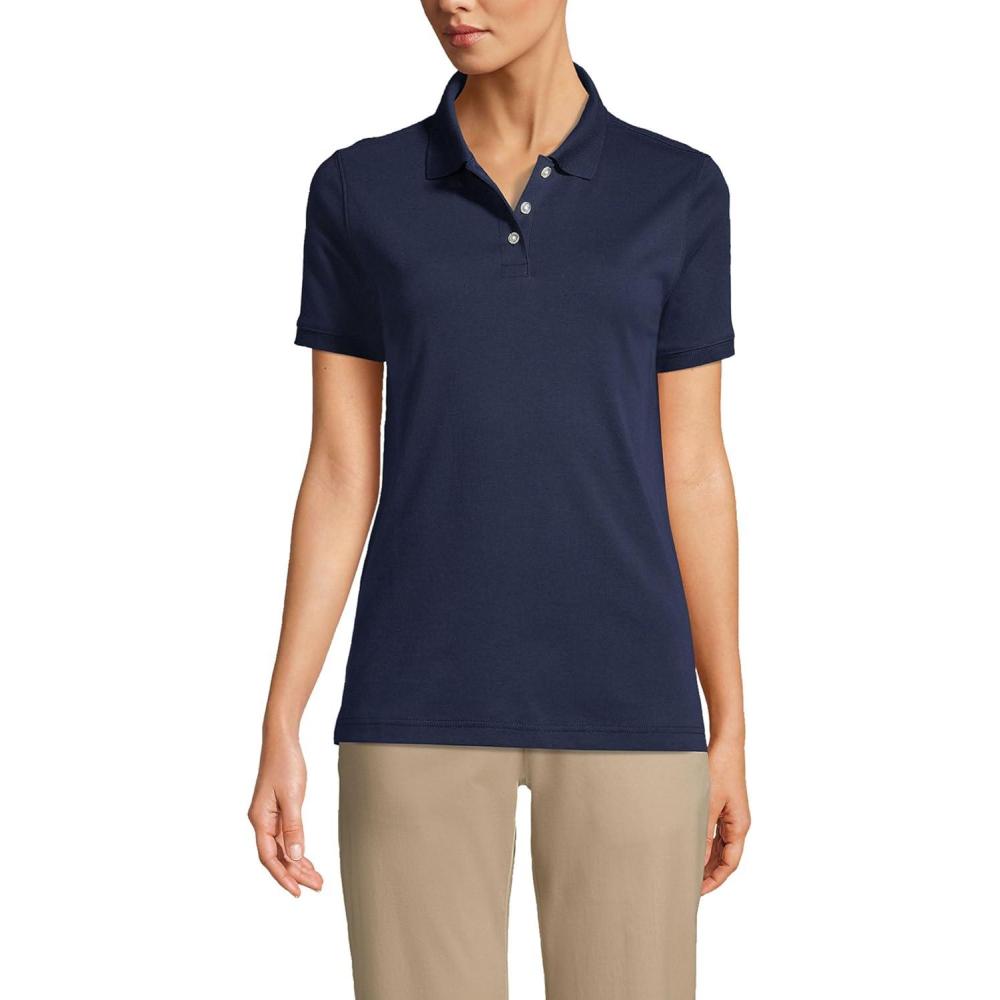 imageLands End Essentials Womens Short Sleeve All Day Comfort Polo Shirt 100 Cotton Wont Shrink Pill FadeClassic Navy