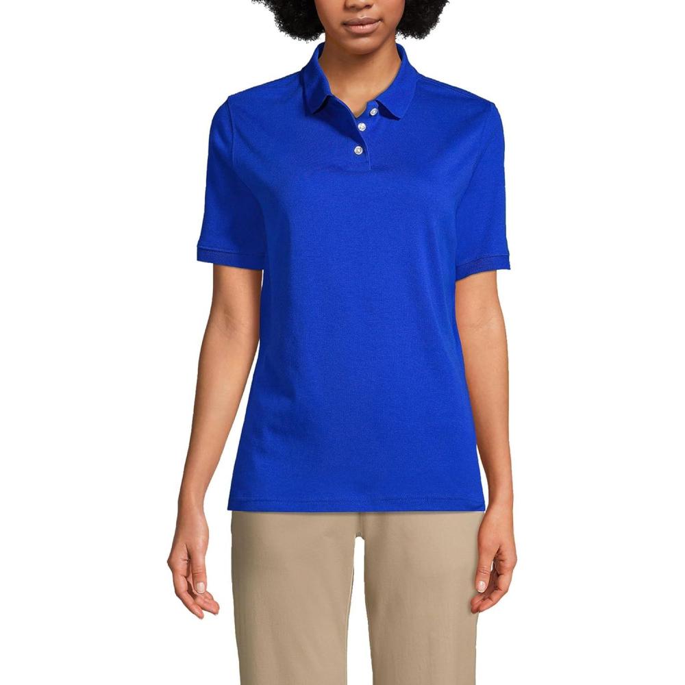 imageLands End Essentials Womens Short Sleeve All Day Comfort Polo Shirt 100 Cotton Wont Shrink Pill FadeCobalt