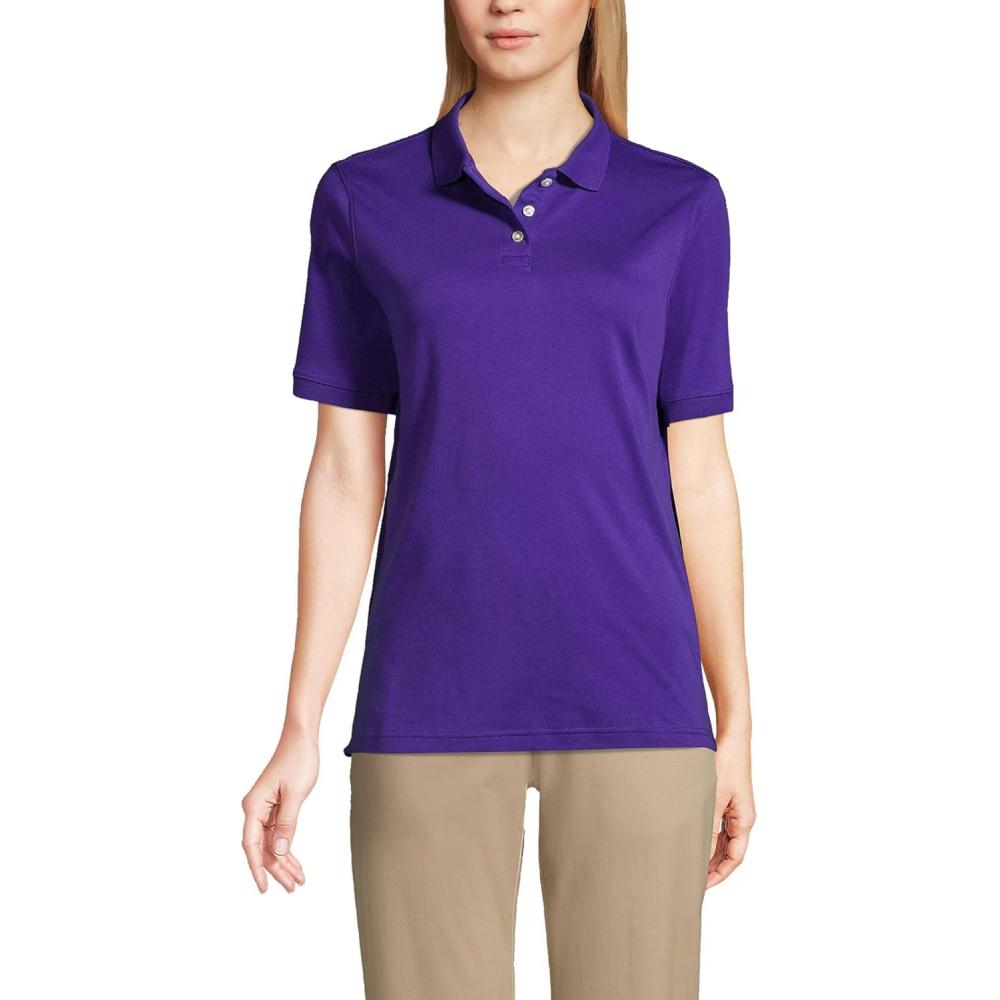 imageLands End Essentials Womens Short Sleeve All Day Comfort Polo Shirt 100 Cotton Wont Shrink Pill FadeDeep Purple