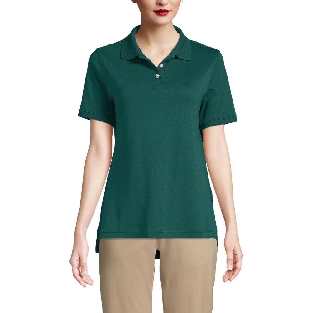 imageLands End Essentials Womens Short Sleeve All Day Comfort Polo Shirt 100 Cotton Wont Shrink Pill FadeEvergreen
