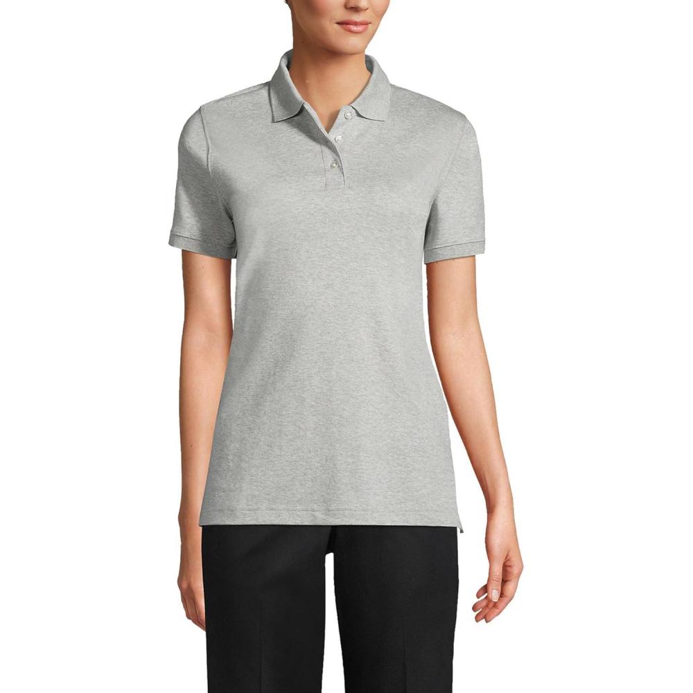 imageLands End Essentials Womens Short Sleeve All Day Comfort Polo Shirt 100 Cotton Wont Shrink Pill FadeGray Heather