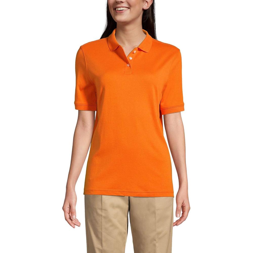 imageLands End Essentials Womens Short Sleeve All Day Comfort Polo Shirt 100 Cotton Wont Shrink Pill FadeOrange Spice