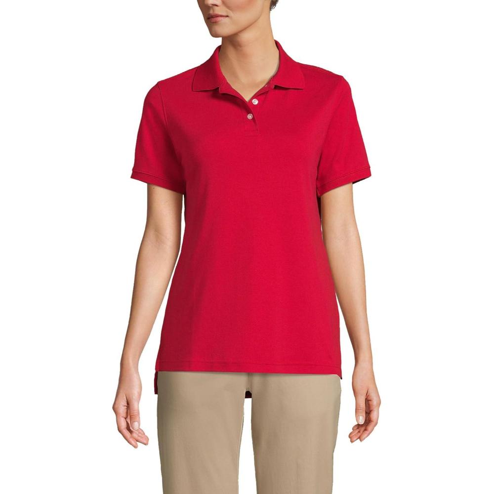 imageLands End Essentials Womens Short Sleeve All Day Comfort Polo Shirt 100 Cotton Wont Shrink Pill FadeRed