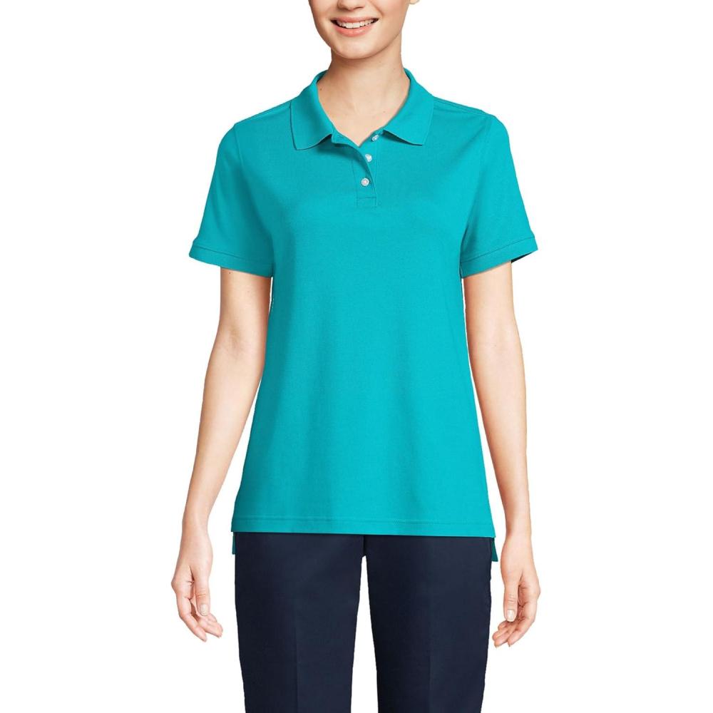 imageLands End Essentials Womens Short Sleeve All Day Comfort Polo Shirt 100 Cotton Wont Shrink Pill FadeTeal Breeze