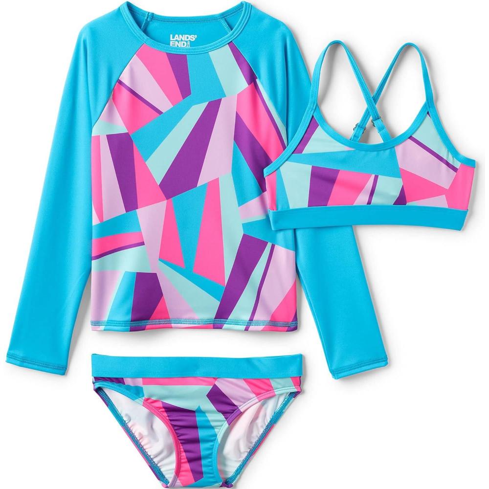 imageLands End G LS 3 Piece Rash Guard Set Knockout Pink Multi Geo Kids 4