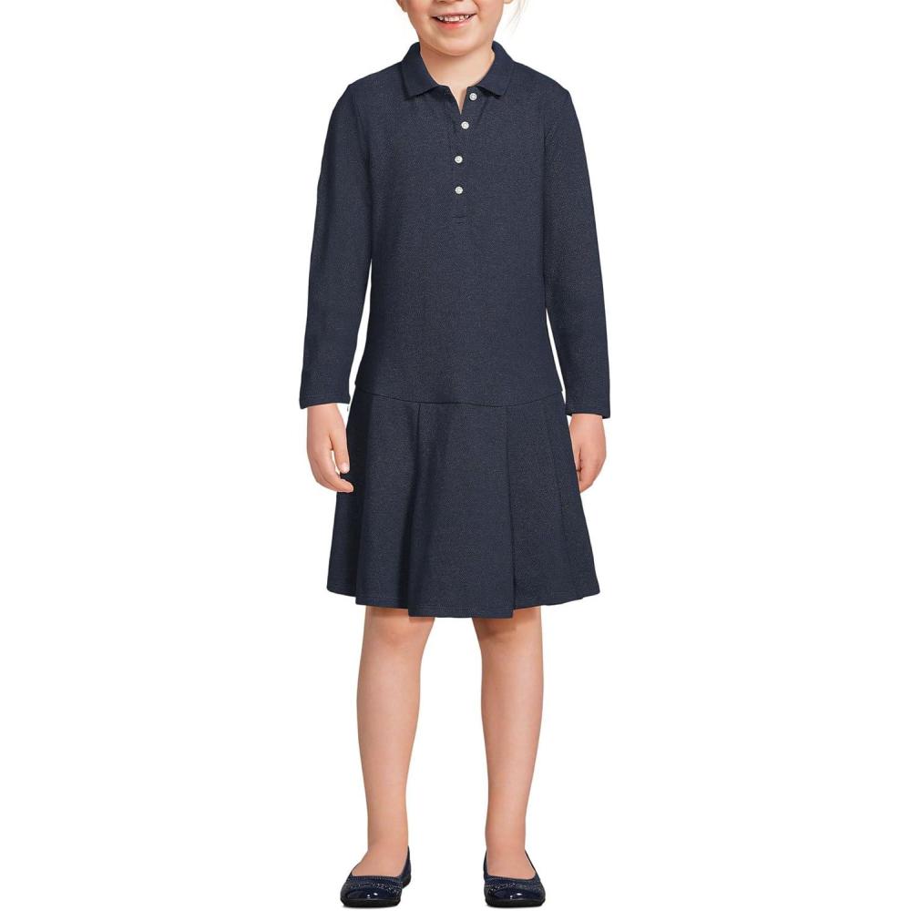 imageLands End Girls Long Sleeve Mesh Pleated Polo DressClassic Navy