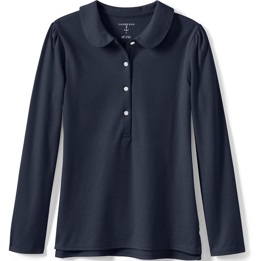 imageLands End Girls Long Sleeve Peter Pan Collar Polo ShirtClassic Navy