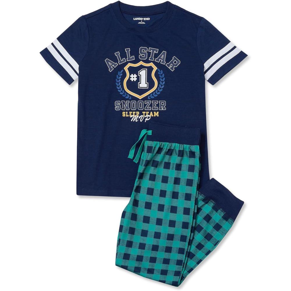 imageLands End Kids Short Sleeve Top and Jogger Bottom Pajama SetNavy All Star Plaid