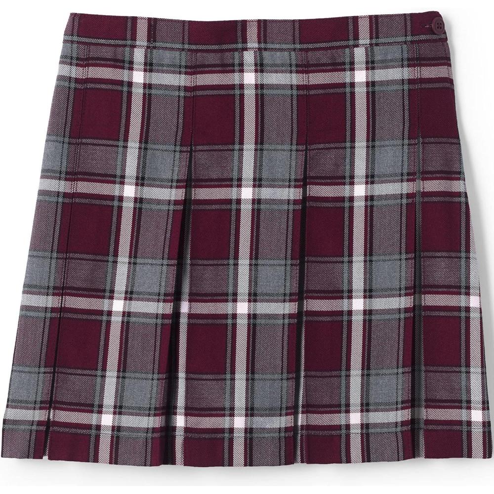 imageLands End School Uniform Girls Plaid Box Pleat Skirt Top of The KneeBurgundyGray Plaid