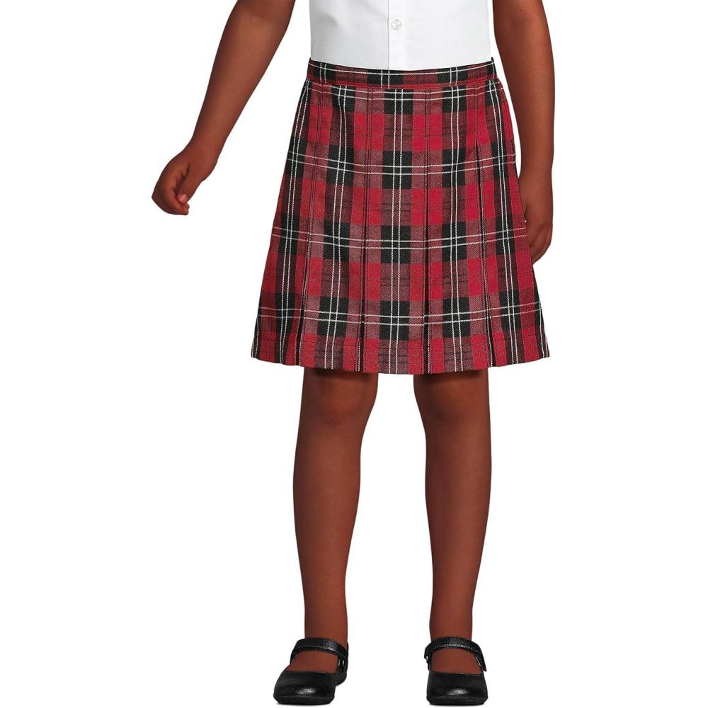 imageLands End School Uniform Girls Plaid Box Pleat Skirt Top of The KneeRedBlack Plaid