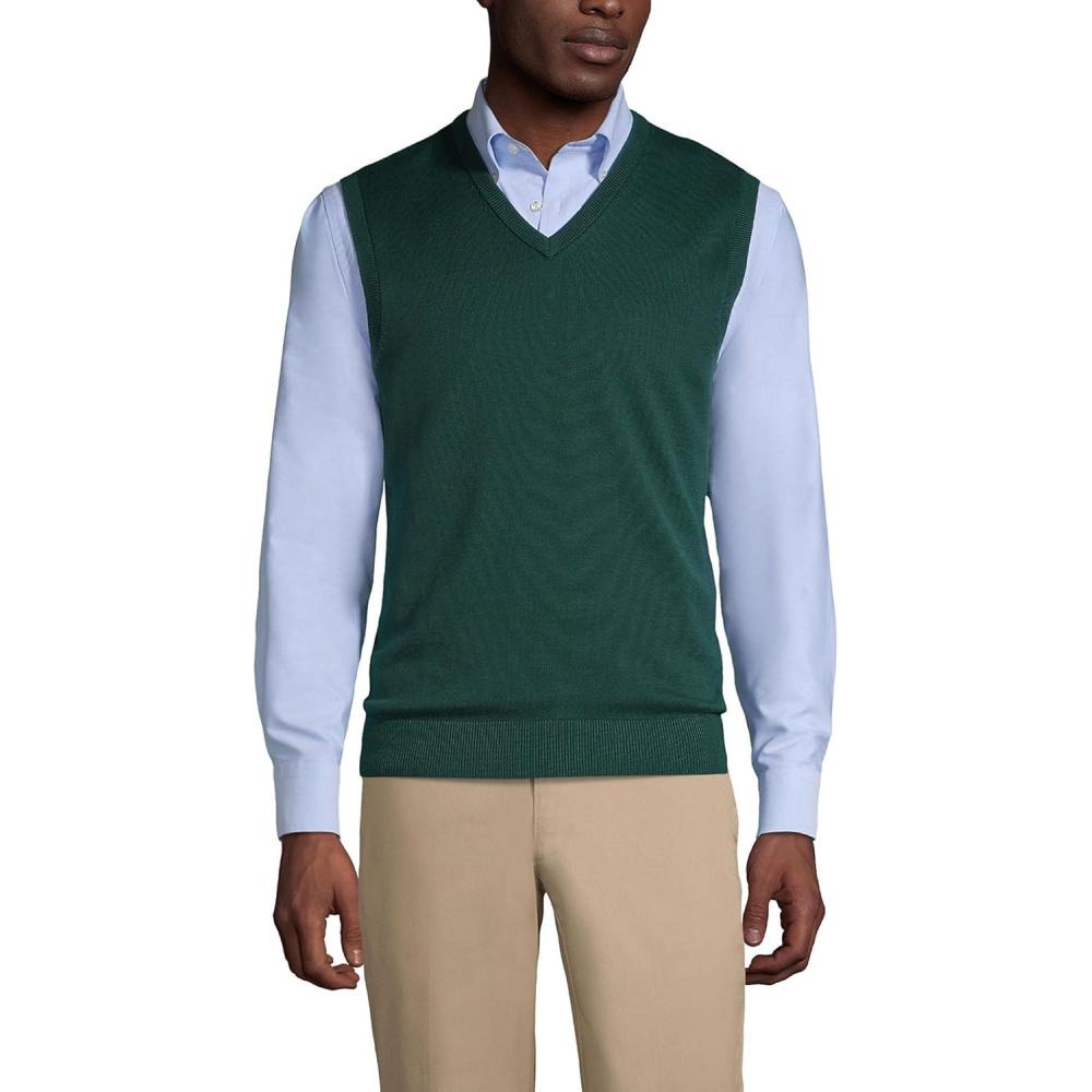 imageLands End School Uniform Mens Cotton Modal Fine Gauge Sweater VestEvergreen