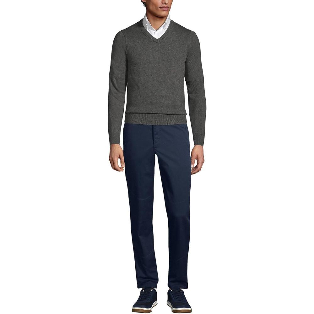 imageLands End School Uniform Mens Cotton Modal Fine Gauge VNeck SweaterCoal Heather