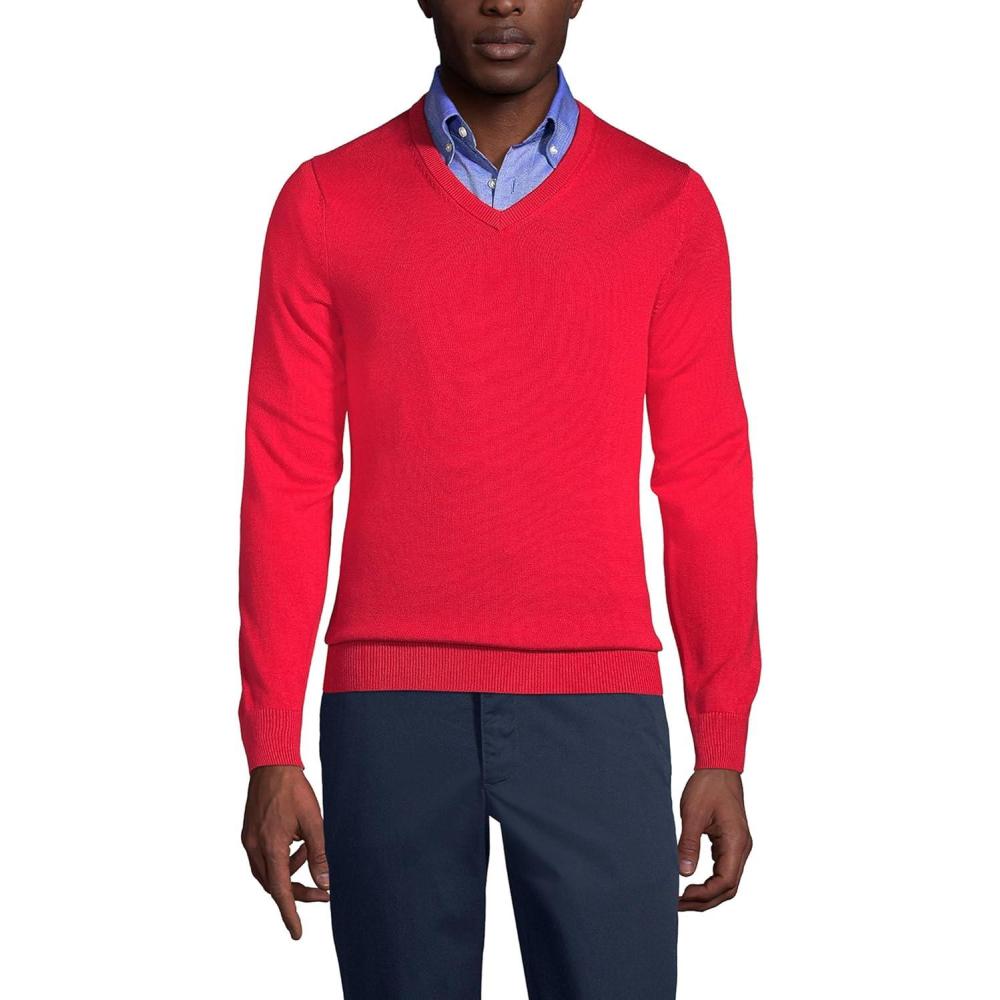 imageLands End School Uniform Mens Cotton Modal Fine Gauge VNeck SweaterRed