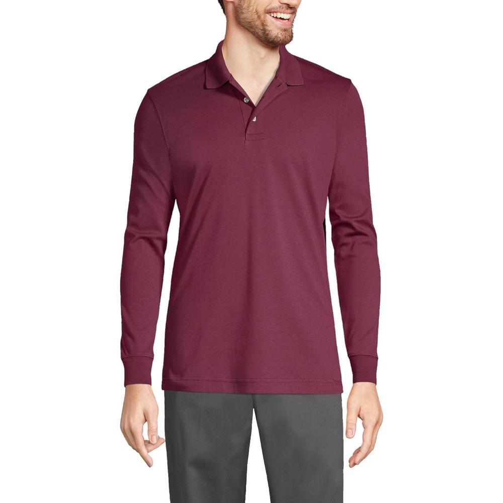 imageLands End School Uniform Mens Long Sleeve Interlock Polo ShirtBurgundy
