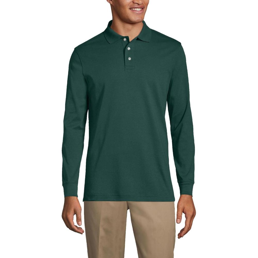 imageLands End School Uniform Mens Long Sleeve Interlock Polo ShirtEvergreen