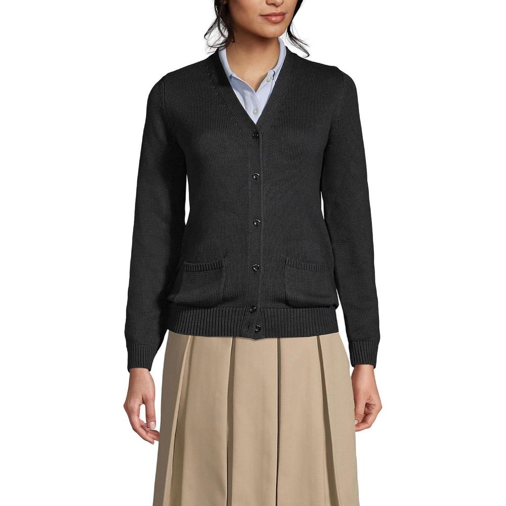 imageLands End School Uniform Womens Cotton Modal Button Front Cardigan SweaterBlack
