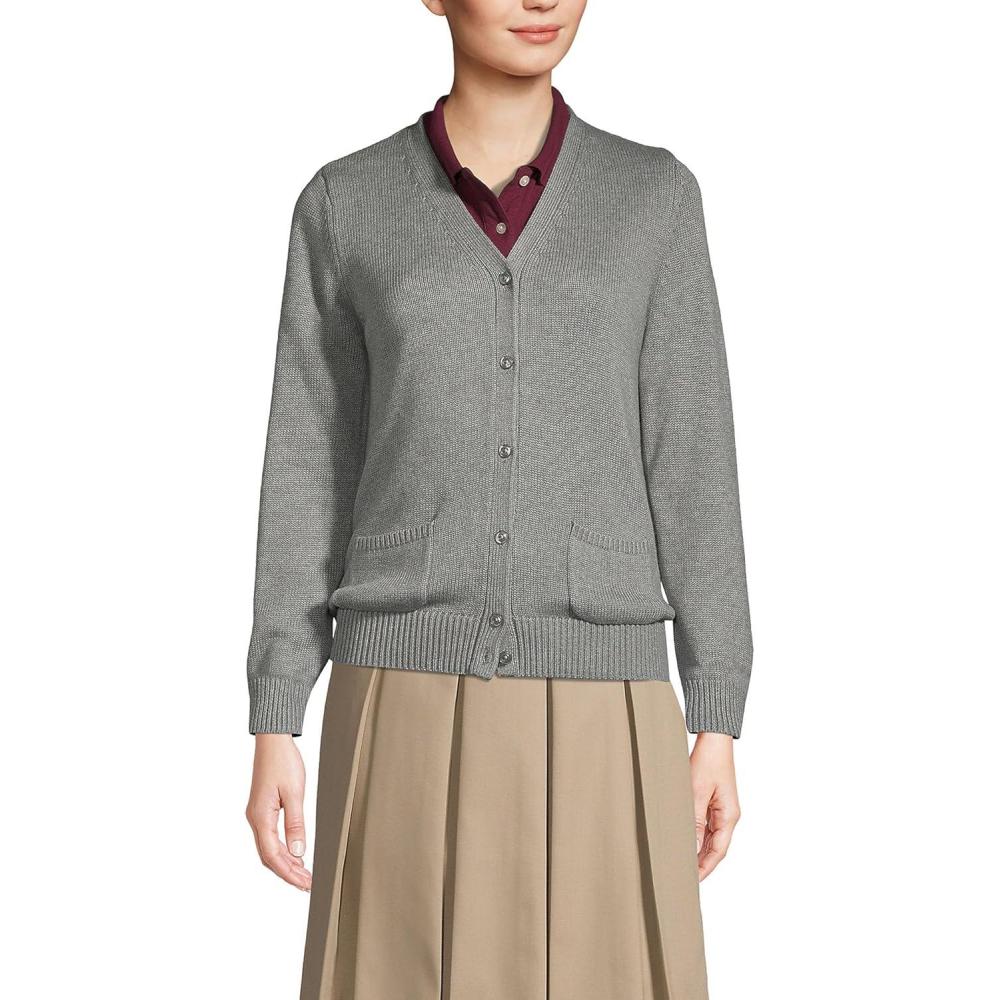 imageLands End School Uniform Womens Cotton Modal Button Front Cardigan SweaterPewter Heather