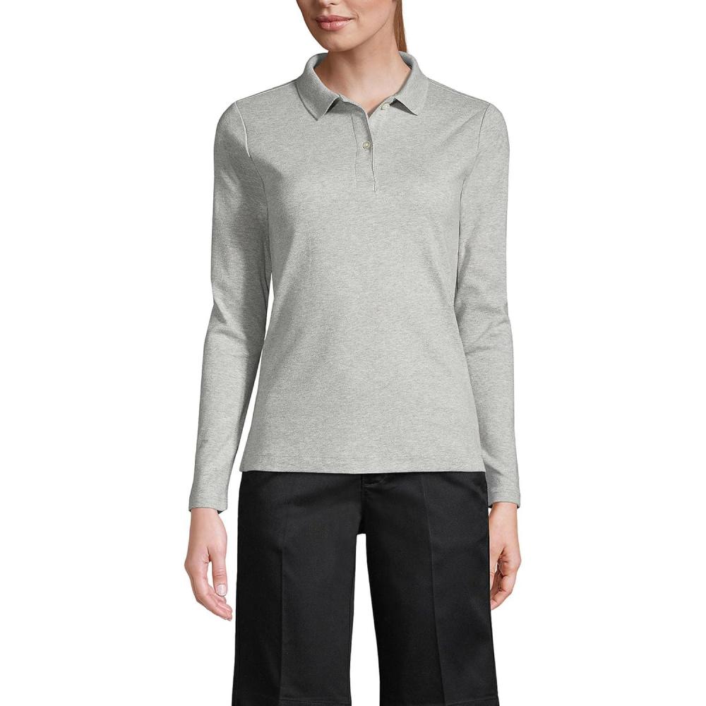 imageLands End School Uniform Womens Long Sleeve Feminine Fit Interlock Polo ShirtGray Heather