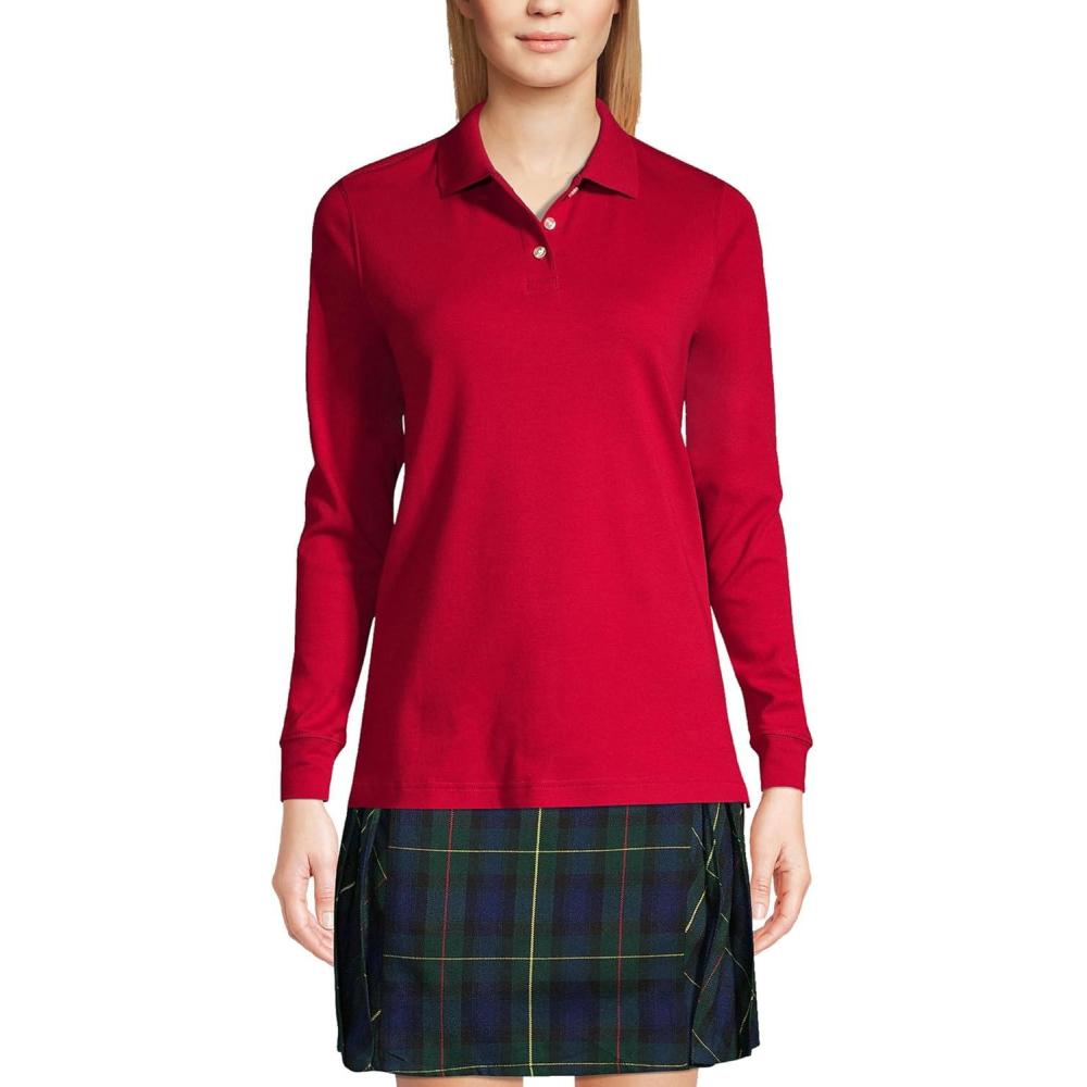 imageLands End School Uniform Womens Long Sleeve Feminine Fit Interlock Polo ShirtRed