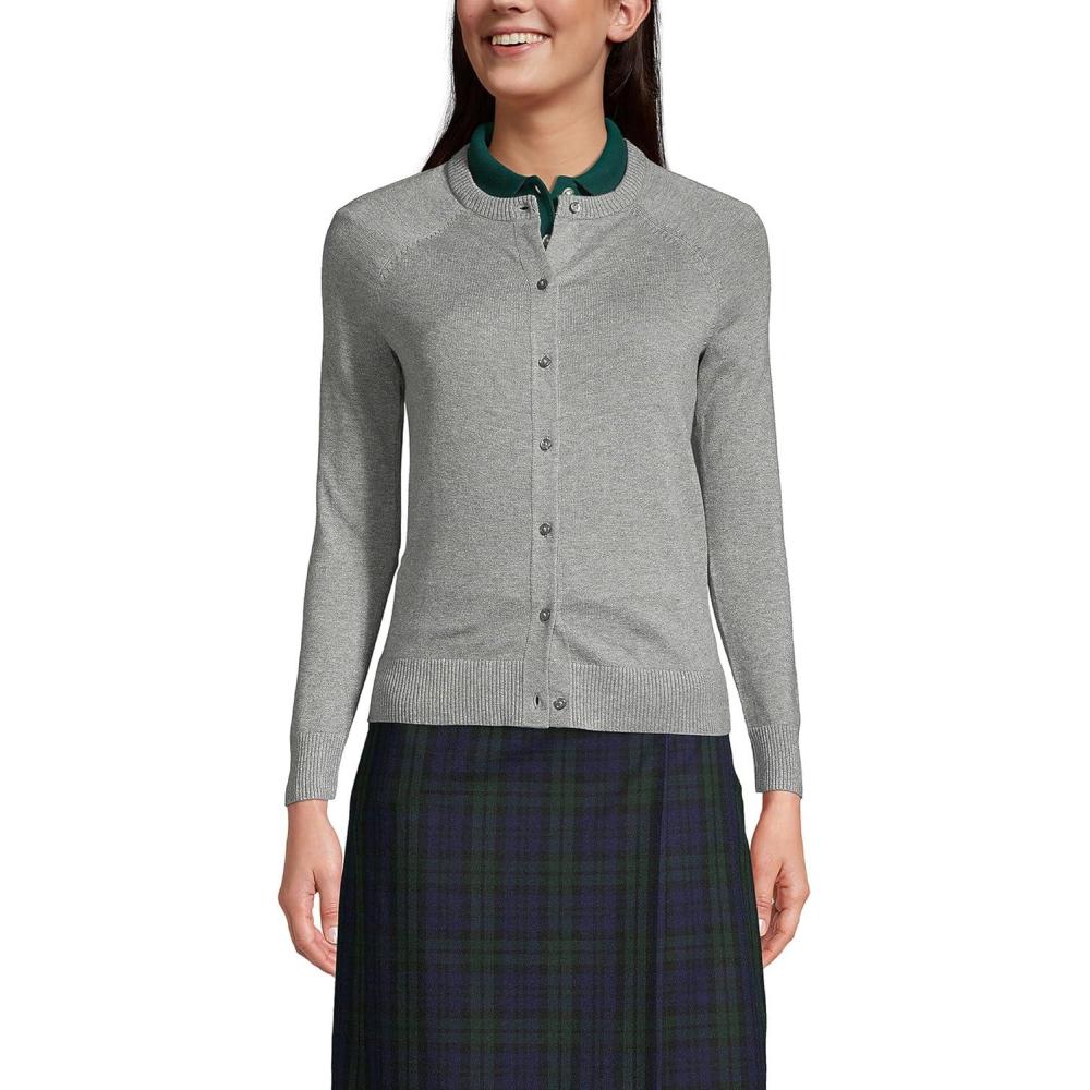 imageLands End School Uniform Young Womens Cotton Modal Cardigan SweaterPewter Heather