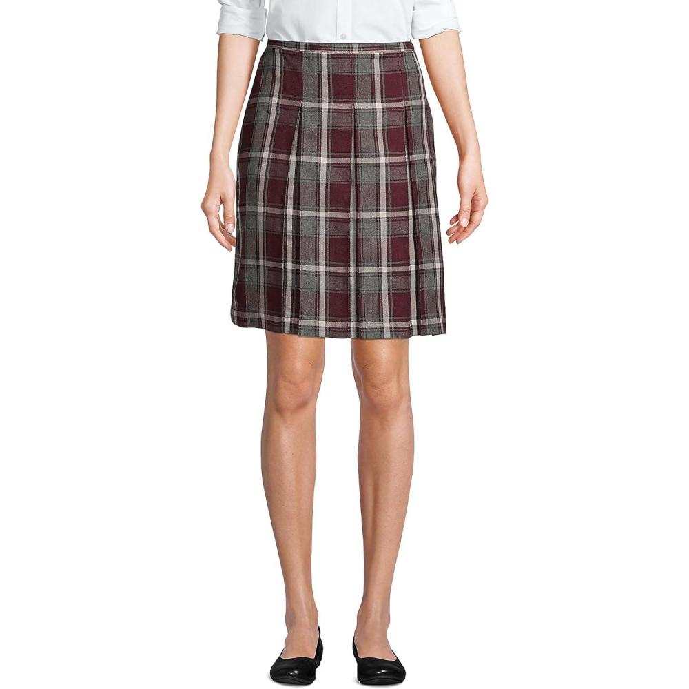 imageLands End School Uniform Young Womens Plaid Box Pleat Skirt Top of The KneeBurgundyGray Plaid