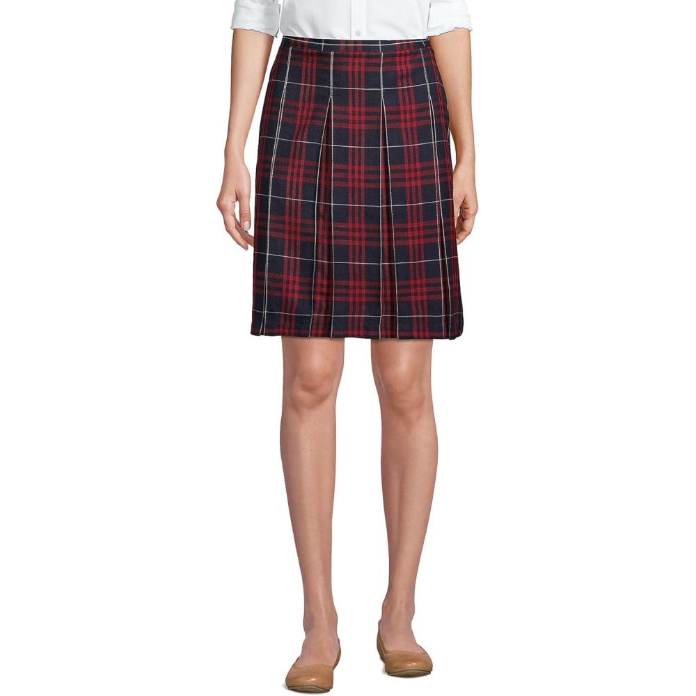imageLands End School Uniform Young Womens Plaid Box Pleat Skirt Top of The KneeClassic Navy Large Plaid