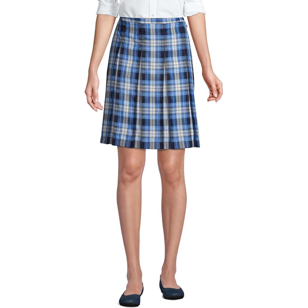 imageLands End School Uniform Young Womens Plaid Box Pleat Skirt Top of The KneeClear Blue Plaid